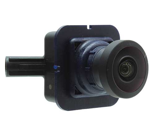 An image showing Rostra part number 250-8102 - a digital camera used as part of the around-view camera system on a Ford Super Duty truck.