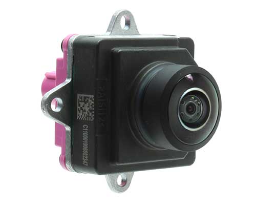 An image showing Rostra part number 250-8101 - a digital camera used as part of the around-view camera system on a Ford Super Duty truck.