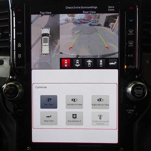 An image of the in-dash monitor of RAM 2500-3500 truck with 360-degree surround view camera system