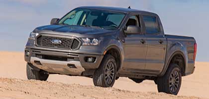 An image showing a gray Ford Ranger in the desert.